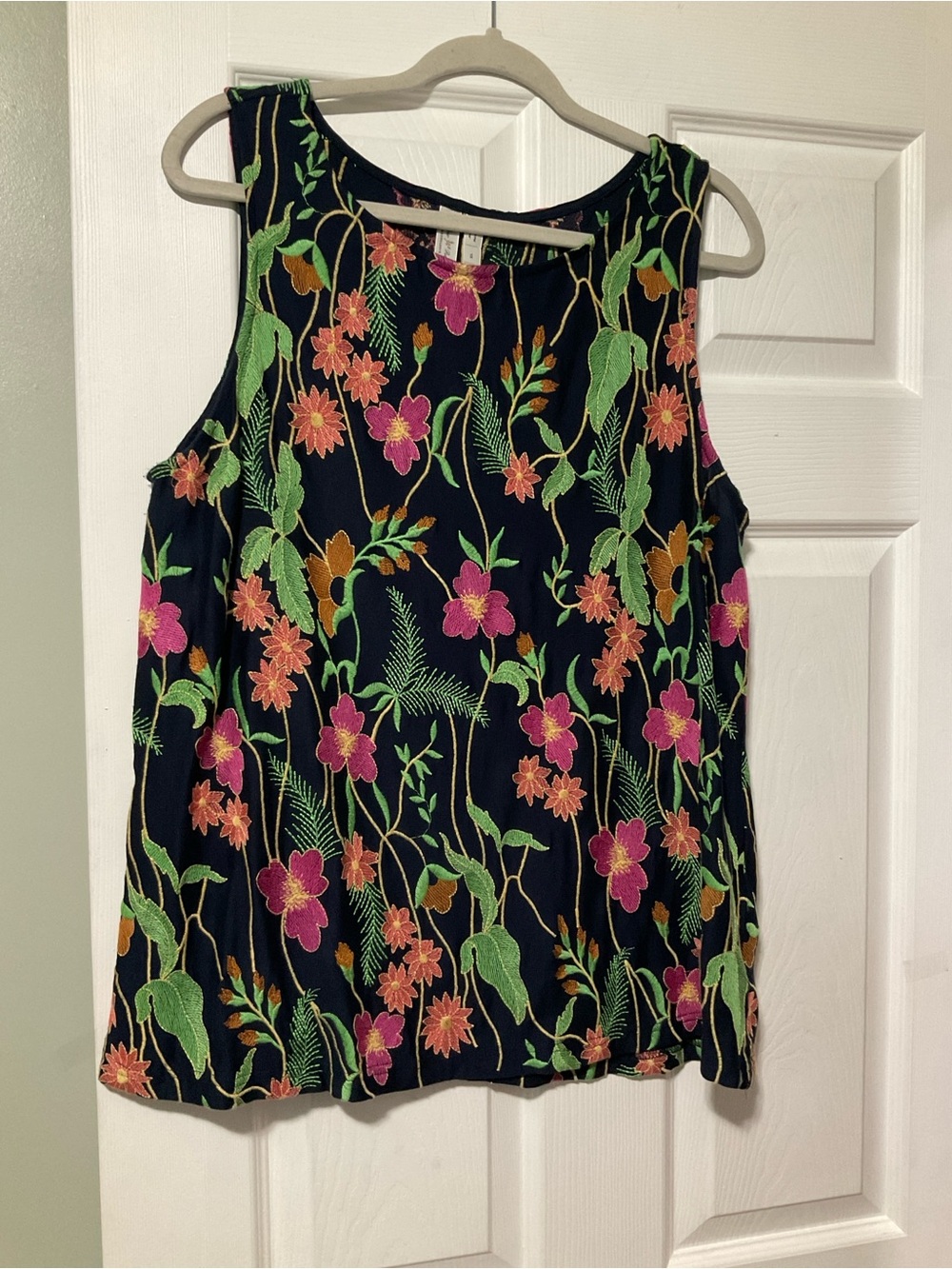 Anthropologie Black Tank with Pink & Green Floral Embroidery